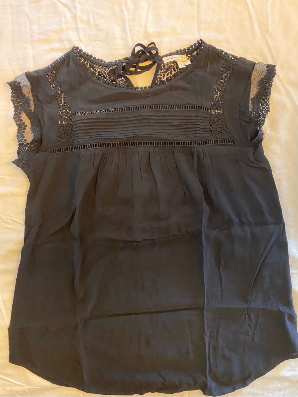 Meadow Rue Black Lace-Trim Pintuck Cap Sleeve Blouse